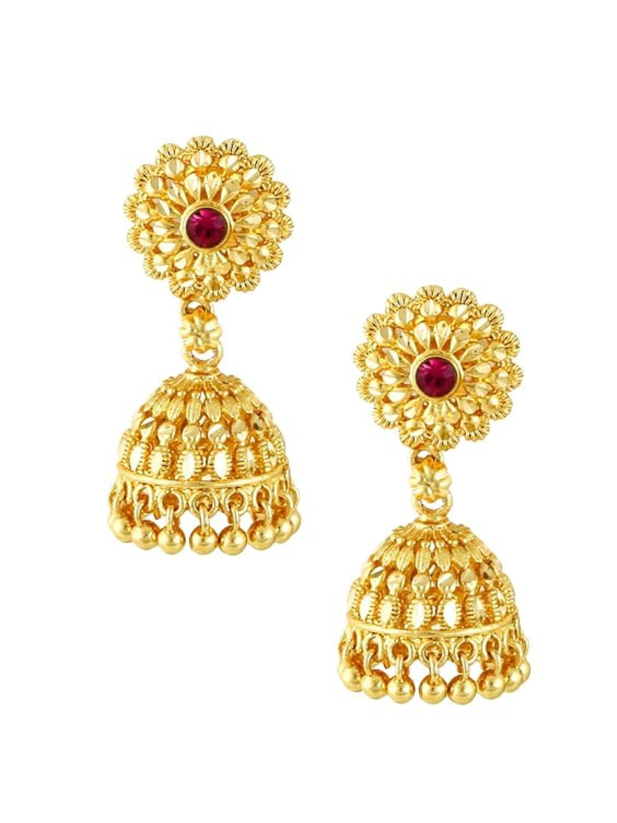Gold jhumka earrings with ruby accent