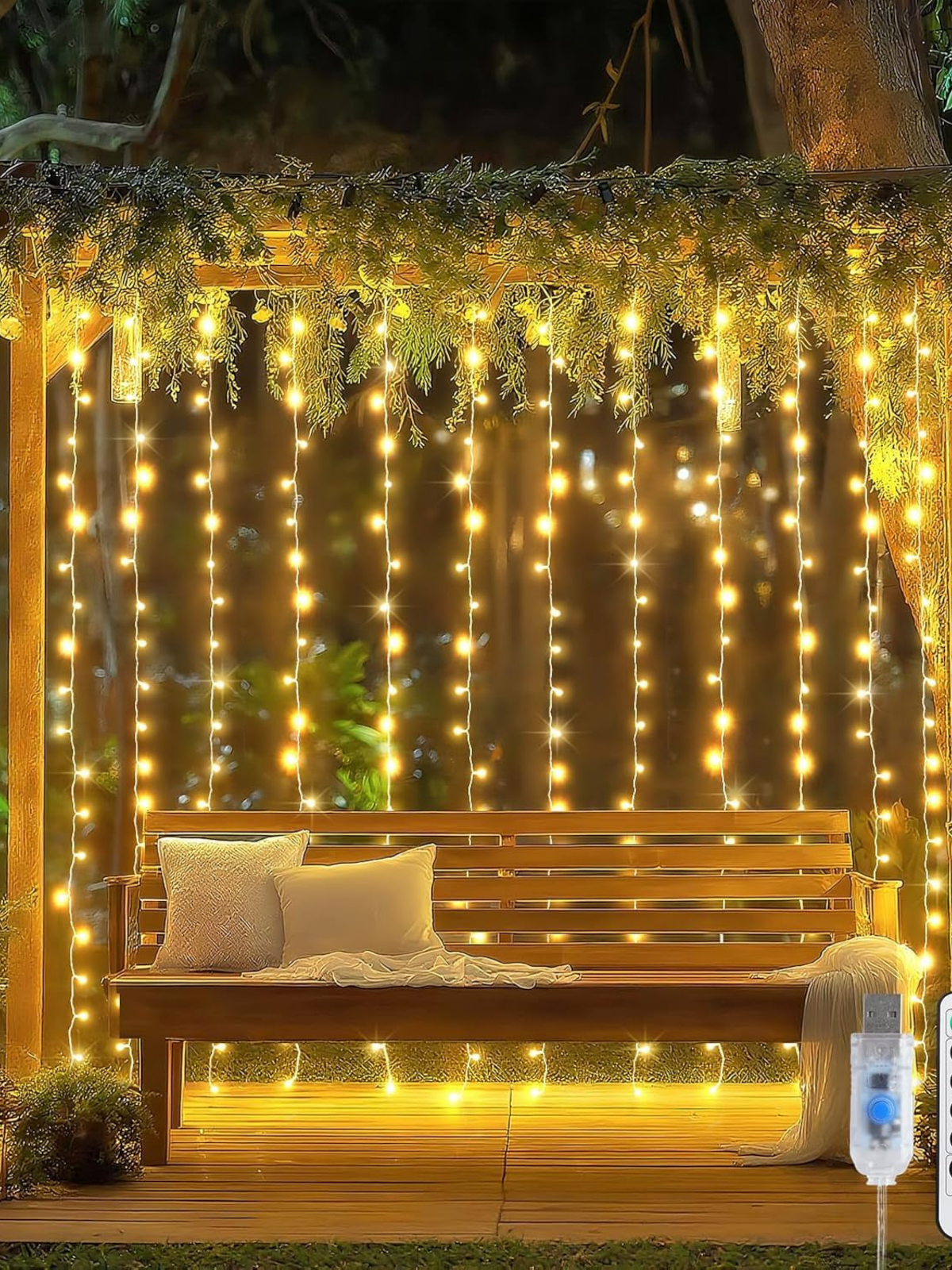 Railing and ceiling string lights