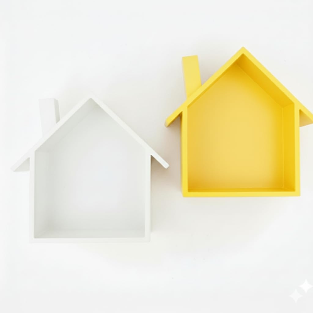 House shaped floating shelves white and yellow