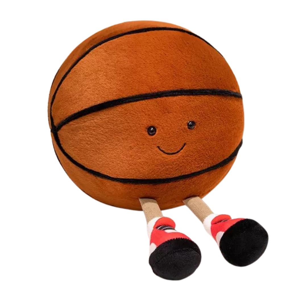 Smiling basketball plush toy with sneakers