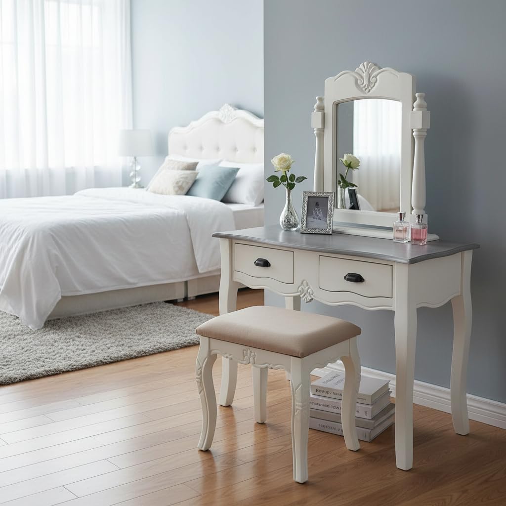White vanity desk with mirror and stool