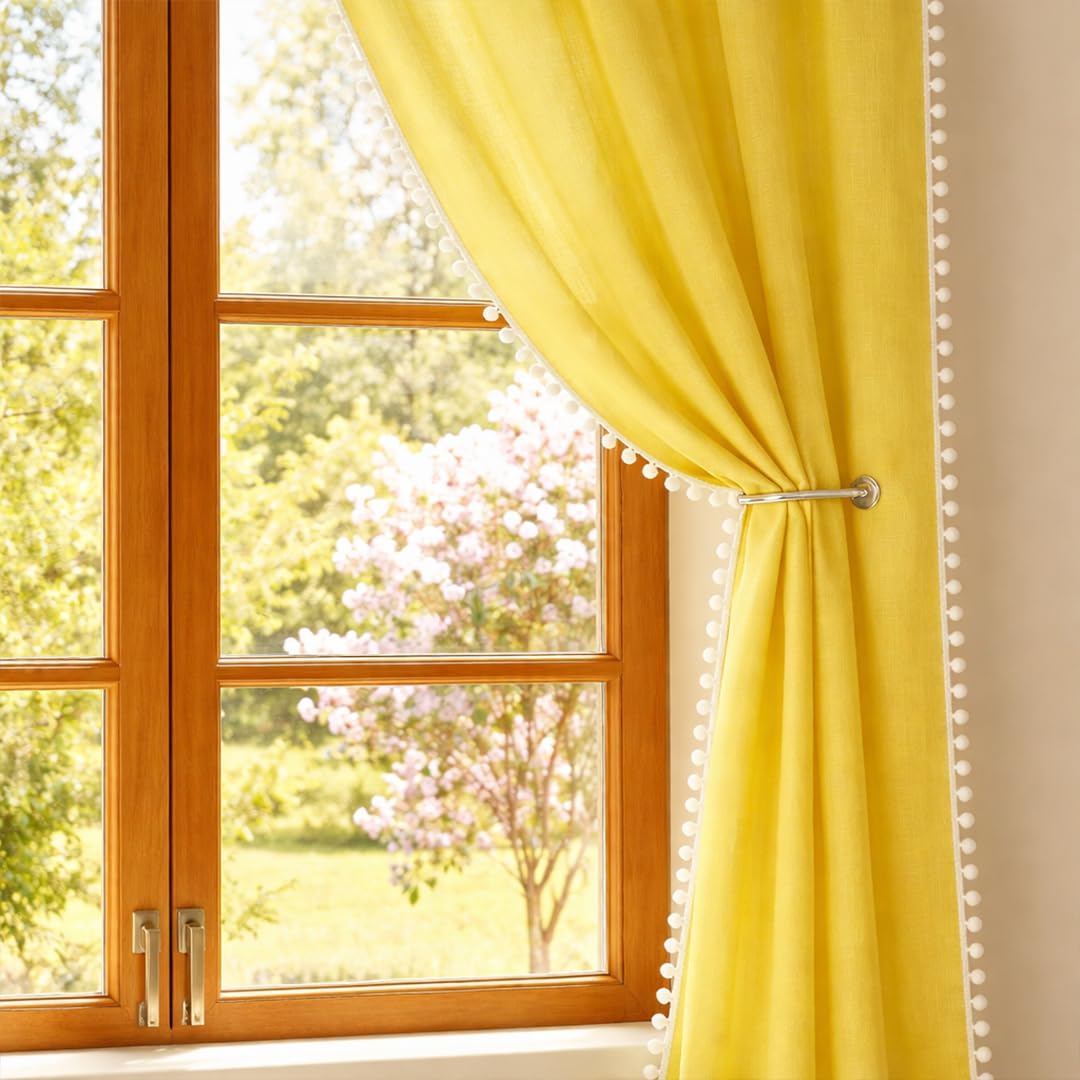 Yellow pom-pom curtains