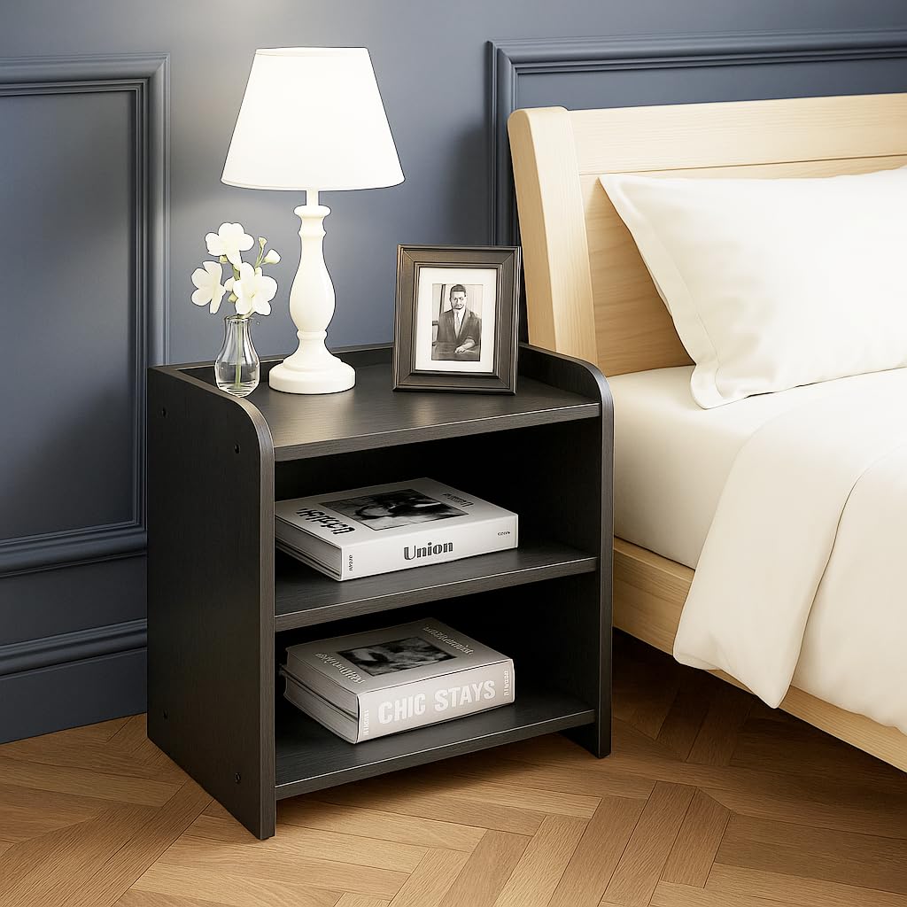 Black open shelf nightstand