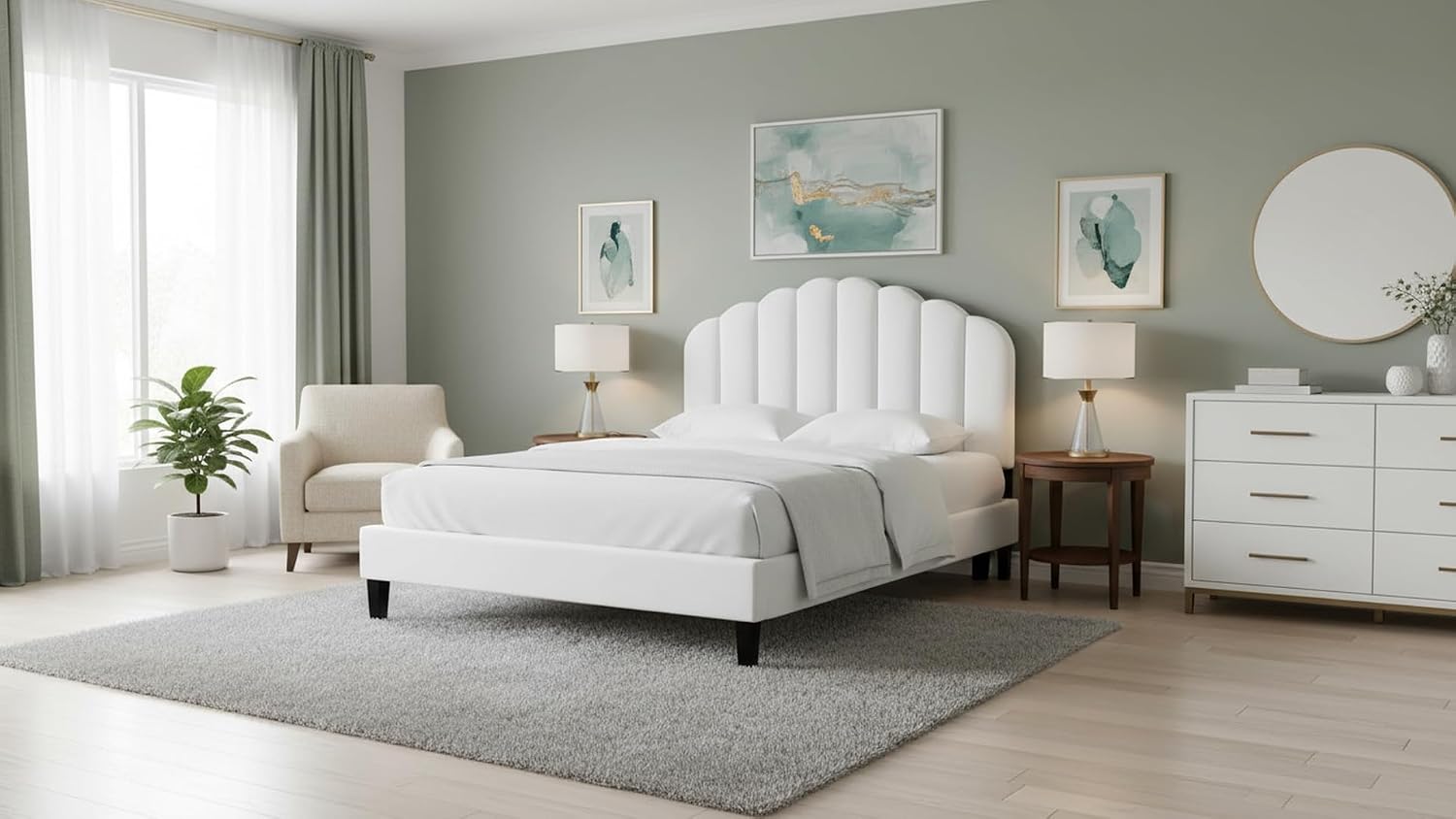 White arched channel-tufted bed