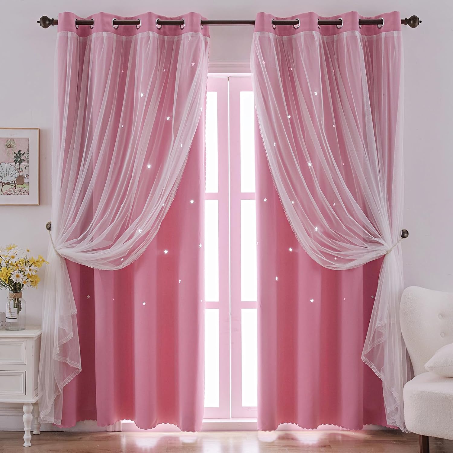 Pink curtains with star cutouts