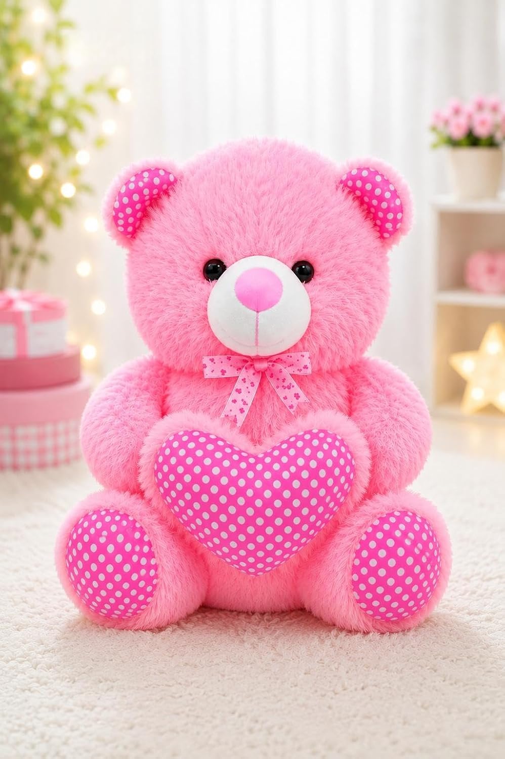 Pink teddy bear plush holding a heart