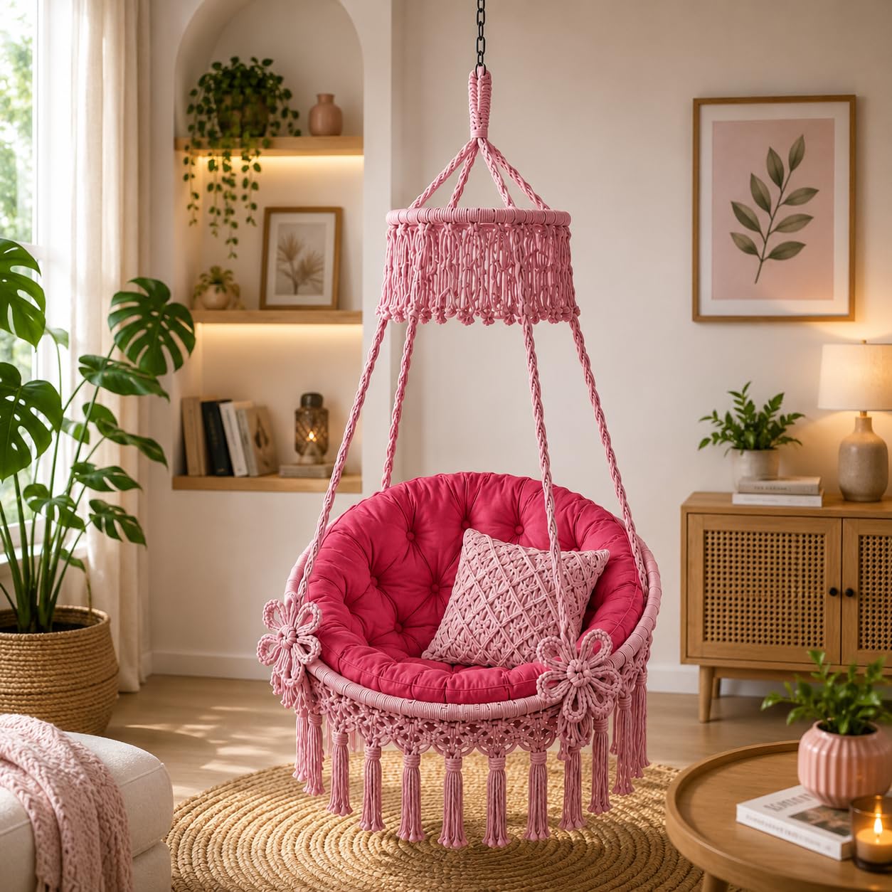 Pink macrame hanging swing chair
