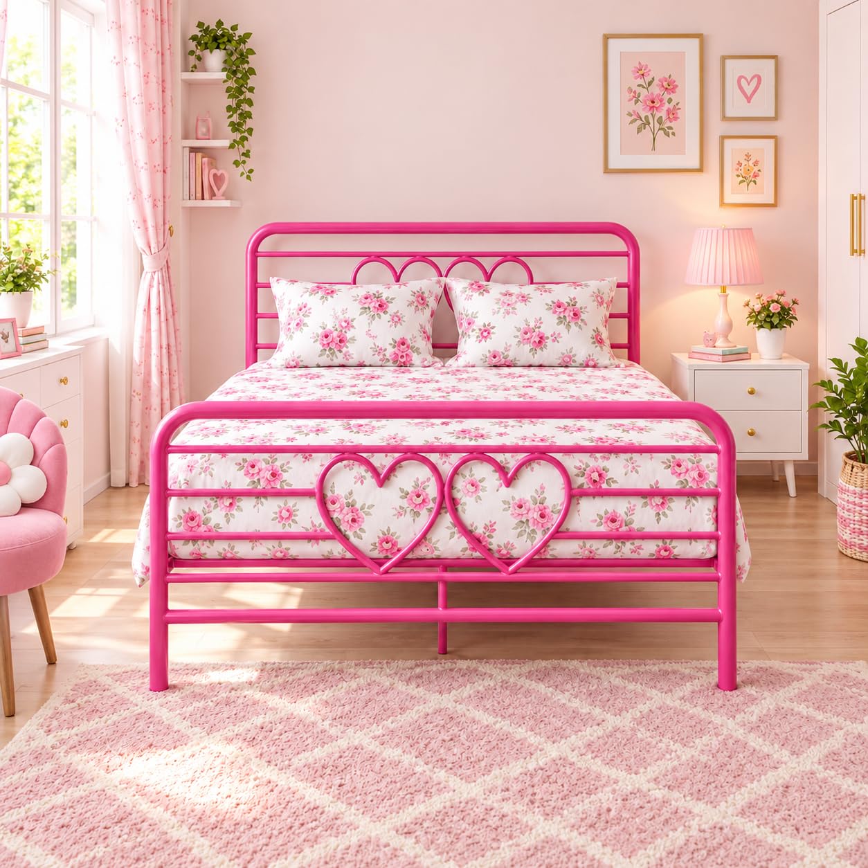 Hot pink heart metal bed frame