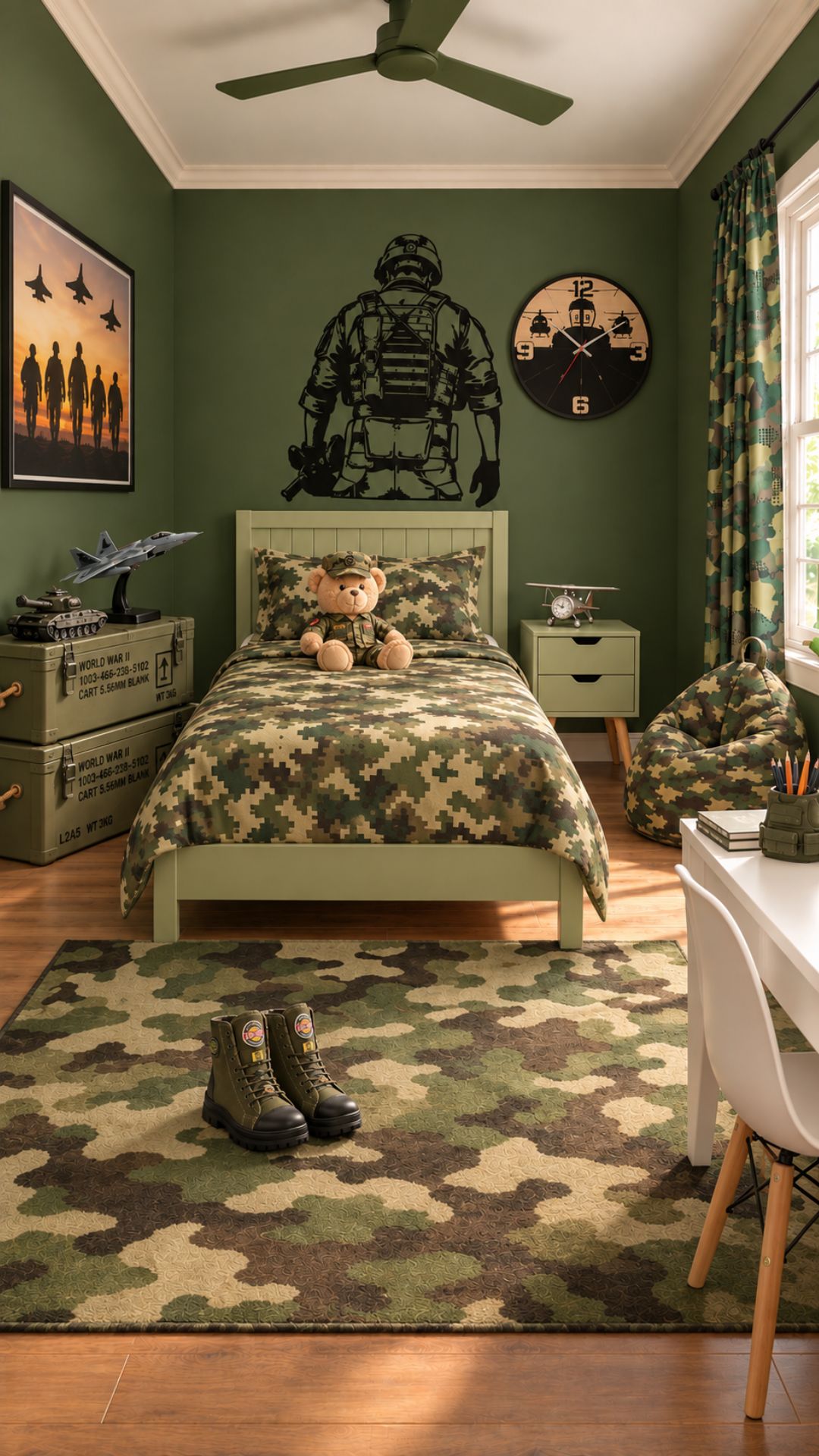 Military-themed bedroom with olive green tones and camouflage-inspired decor