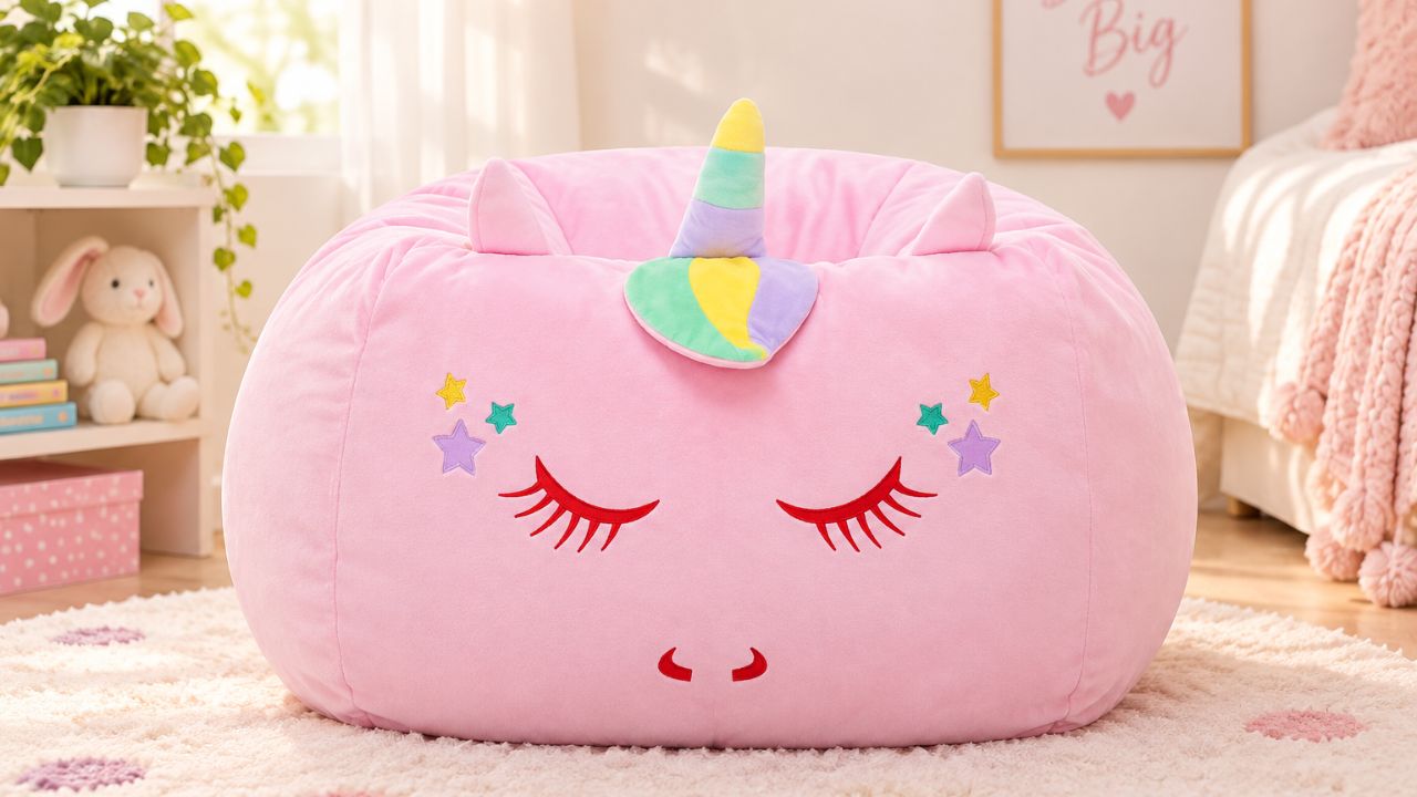Pink unicorn face pouf