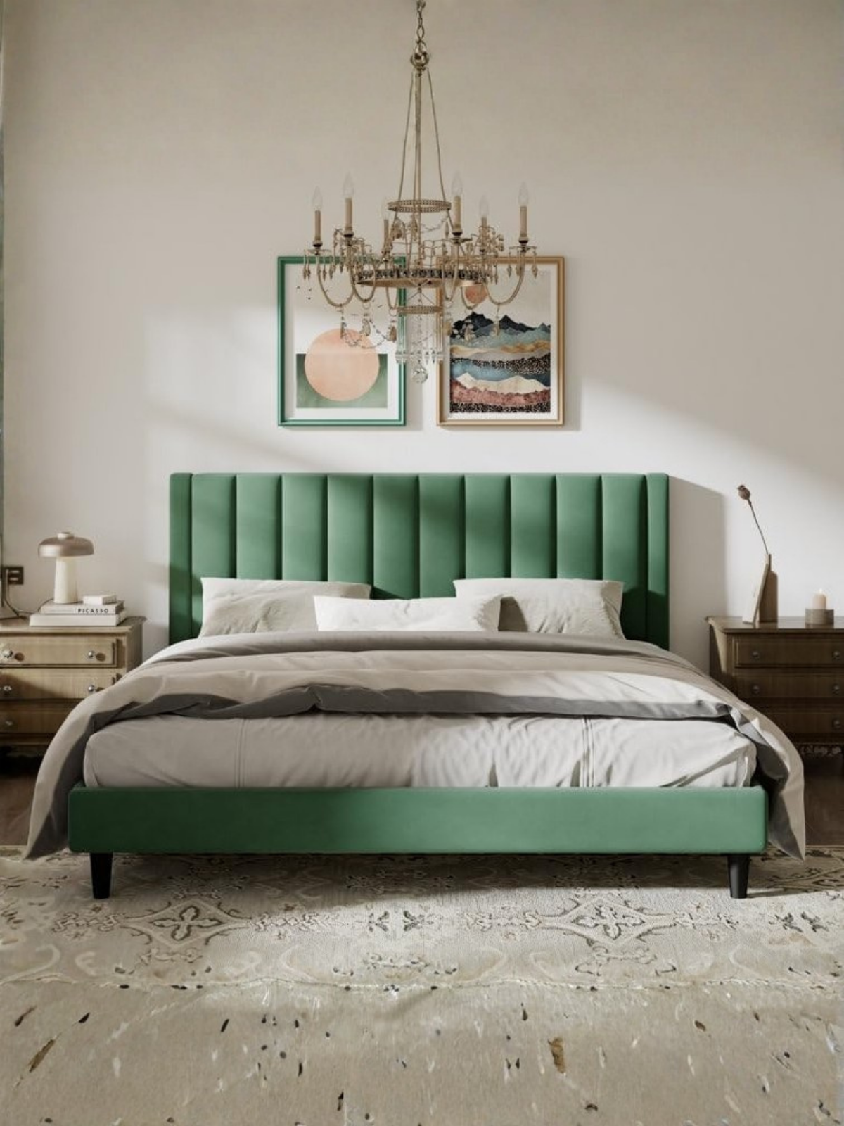 Sage green channel-tufted bed