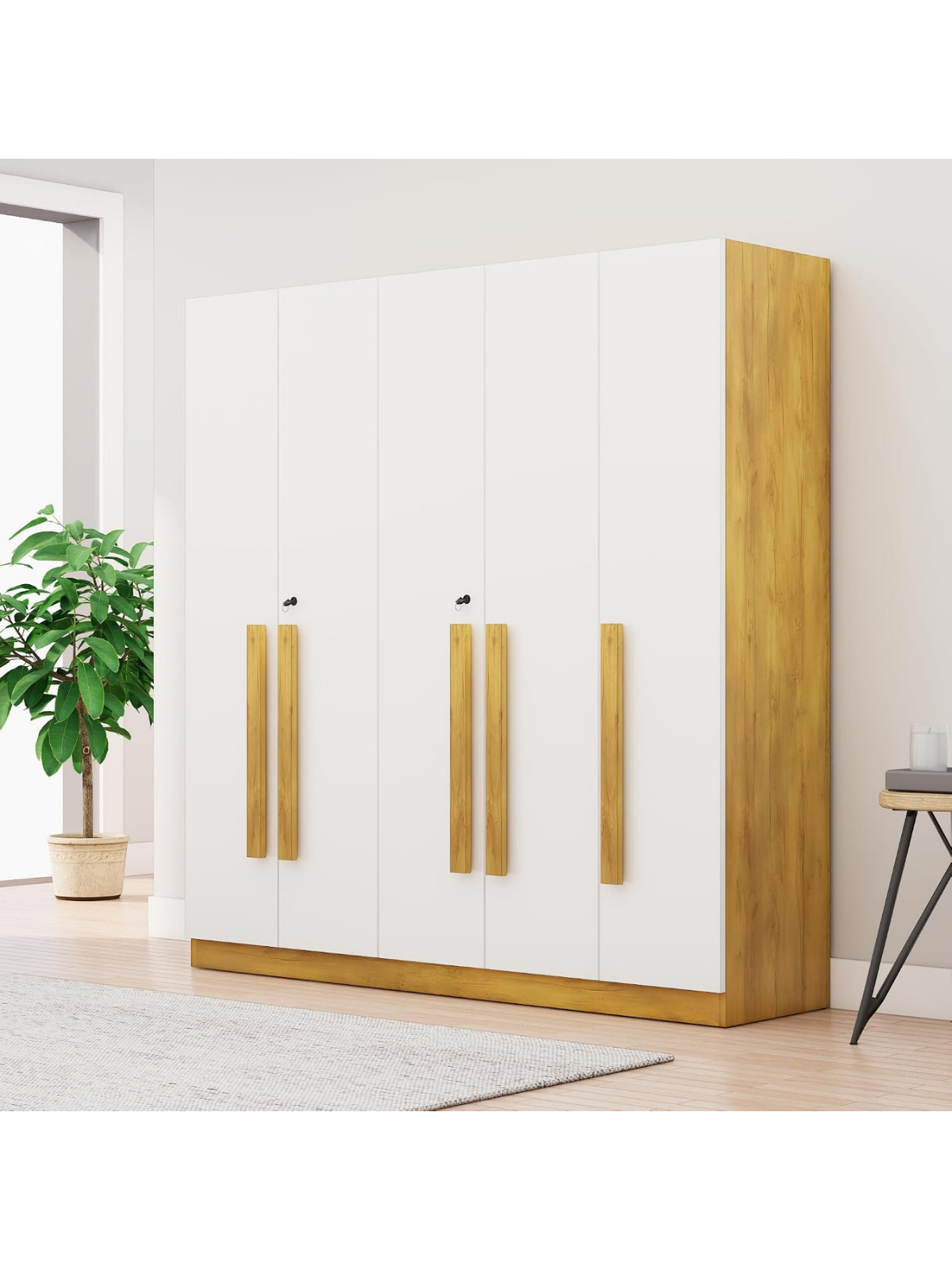 White wardrobe with wood handles