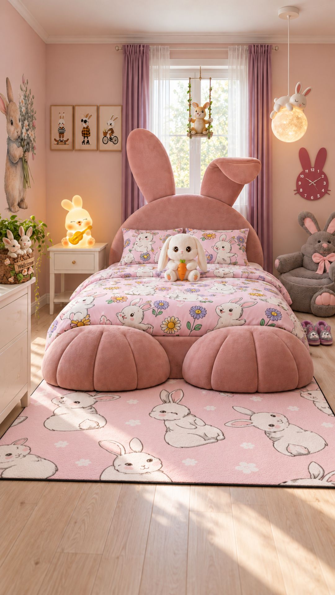 AI-created bunny-themed bedroom styled with coordinated furniture and playful rabbit decor