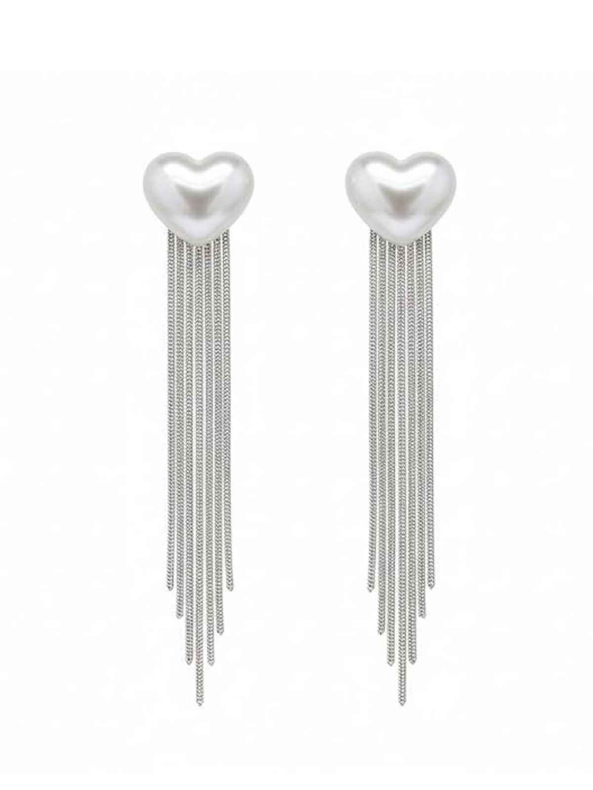 Silver heart pearl tassel earrings