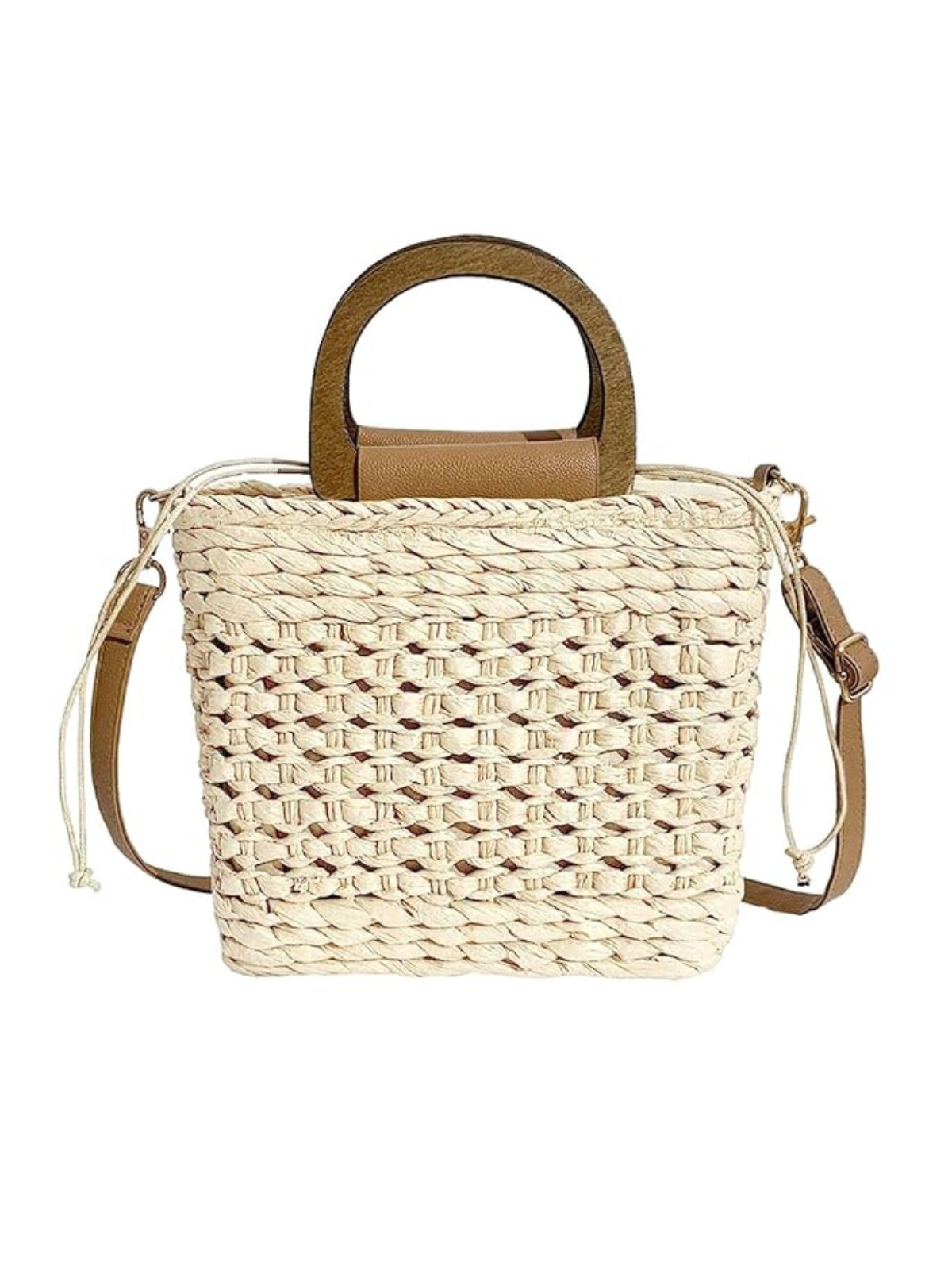 Woven straw handbag with wooden handles