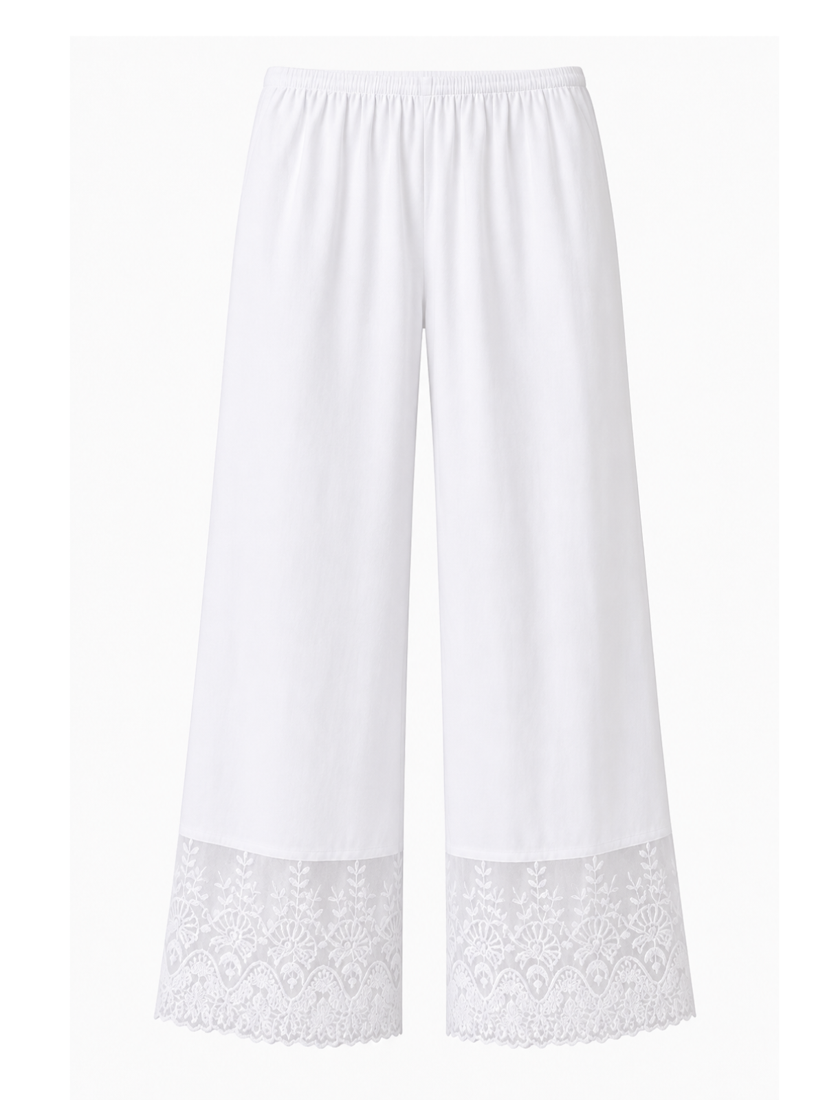 White wide-leg palazzo pants with embroidered hem