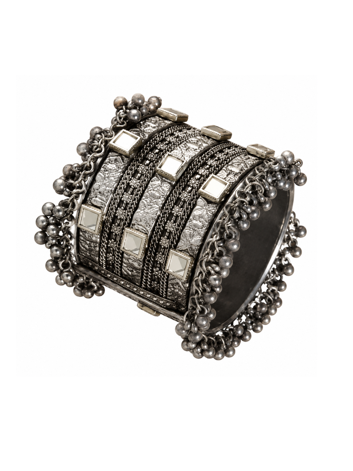 Oxidized silver cuff bracelet with charms